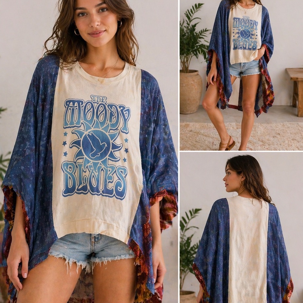 Cream Short Sleeve Graphic Tee with Blue Print